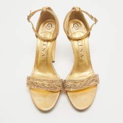 Pre Owned Gina Gold Leather Crystal Embellished Cross Ankle Strap Sandals Size 39
