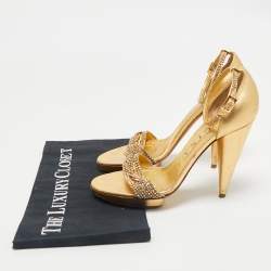 Pre Owned Gina Gold Leather Crystal Embellished Cross Ankle Strap Sandals Size 39