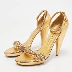 Pre Owned Gina Gold Leather Crystal Embellished Cross Ankle Strap Sandals Size 39