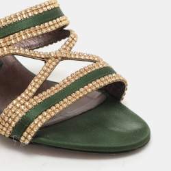 Gina Green/Gold Crystal Embellished Satin Slide Sandals Size 37.5
