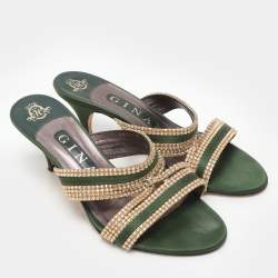 Gina Green/Gold Crystal Embellished Satin Slide Sandals Size 37.5