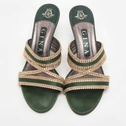Gina Green/Gold Crystal Embellished Satin Slide Sandals Size 37.5