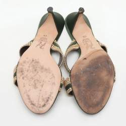 Gina Green/Gold Crystal Embellished Satin Slide Sandals Size 37.5
