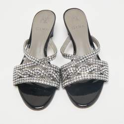 Gina Silver Leather Crystal Embellished Slide Sandals Size 38.5