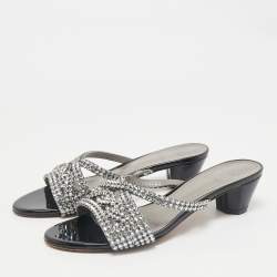 Gina Silver Leather Crystal Embellished Slide Sandals Size 38.5