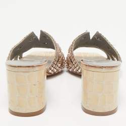 Gina Beige Croc Embossed Patent Leather Crystal Embellished Slide Sandals Size 36.5