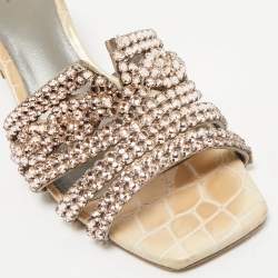 Gina Beige Croc Embossed Patent Leather Crystal Embellished Slide Sandals Size 36.5