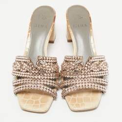 Gina Beige Croc Embossed Patent Leather Crystal Embellished Slide Sandals Size 36.5