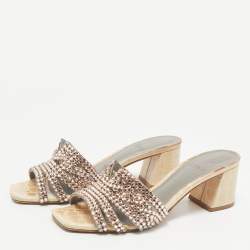 Gina Beige Croc Embossed Patent Leather Crystal Embellished Slide Sandals Size 36.5