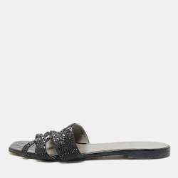 Gina Black Satin Crystal Embellished Loren Flat Slide Sandals Size 41