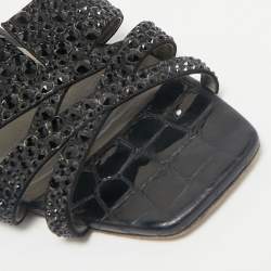 Gina Black Satin Crystal Embellished Loren Flat Slide Sandals Size 41