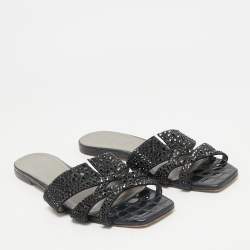 Gina Black Satin Crystal Embellished Loren Flat Slide Sandals Size 41