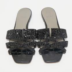 Gina Black Satin Crystal Embellished Loren Flat Slide Sandals Size 41