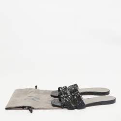 Gina Black Satin Crystal Embellished Loren Flat Slide Sandals Size 41