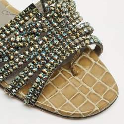 Gina Khaki Leather Crystal Embellished Loren Thong Flats Size 37