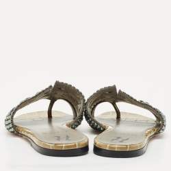 Gina Khaki Leather Crystal Embellished Loren Thong Flats Size 37