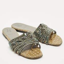 Gina Khaki Leather Crystal Embellished Loren Thong Flats Size 37
