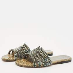 Gina Khaki Leather Crystal Embellished Loren Thong Flats Size 37
