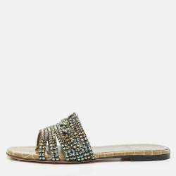 Gina Khaki Leather Crystal Embellished Loren Thong Flats Size 37