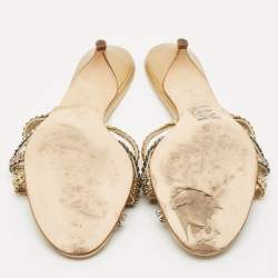 Pre Owned Gina Gold Leather Crystals Embellished Slide Sandals Size 41.5