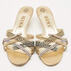 Pre Owned Gina Gold Leather Crystals Embellished Slide Sandals Size 41.5