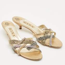 Pre Owned Gina Gold Leather Crystals Embellished Slide Sandals Size 41.5