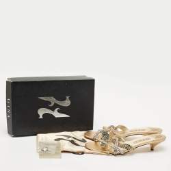 Pre Owned Gina Gold Leather Crystals Embellished Slide Sandals Size 41.5