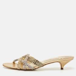 Gina Gold Leather Crystals Embellished Slide Sandals Size 41.5