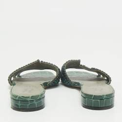 Gina Green Croc Embossed and  Patent Leather Visage Slide Sandals Size 38