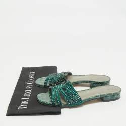 Gina Green Croc Embossed and  Patent Leather Visage Slide Sandals Size 38
