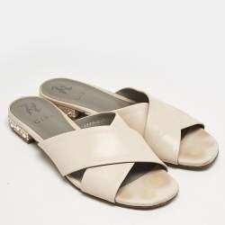 Gina Light Peach Leather Bourdin Flat Sandals Size 42