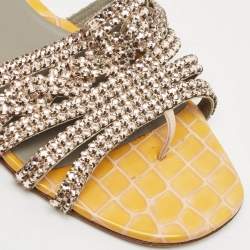 Pre Owned Gina Yellow Croc Embossed Leather Crystal Embellished Loren Flat Sandals Size 39