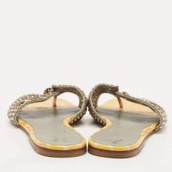 Pre Owned Gina Yellow Croc Embossed Leather Crystal Embellished Loren Flat Sandals Size 39