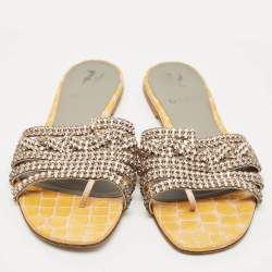 Pre Owned Gina Yellow Croc Embossed Leather Crystal Embellished Loren Flat Sandals Size 39