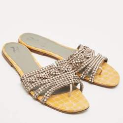 Pre Owned Gina Yellow Croc Embossed Leather Crystal Embellished Loren Flat Sandals Size 39