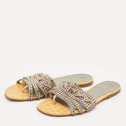 Pre Owned Gina Yellow Croc Embossed Leather Crystal Embellished Loren Flat Sandals Size 39