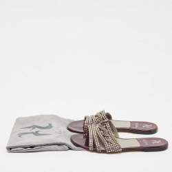 Pre Owned صندل فلات جيِنا نعل مسطح مزخرف كريستال جلد بنفسجي داكن مقاس 39.5