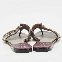 Pre Owned صندل فلات جيِنا نعل مسطح مزخرف كريستال جلد بنفسجي داكن مقاس 39.5