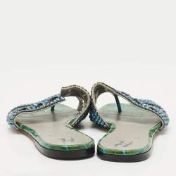 Gina Green Croc Embossed Patent Leather Crystal Embellished Loren Flat Slide Sandals Size 39
