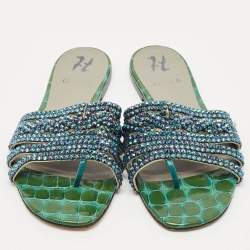 Gina Green Croc Embossed Patent Leather Crystal Embellished Loren Flat Slide Sandals Size 39