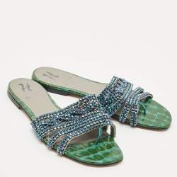 Gina Green Croc Embossed Patent Leather Crystal Embellished Loren Flat Slide Sandals Size 39
