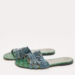 Gina Green Croc Embossed Patent Leather Crystal Embellished Loren Flat Slide Sandals Size 39