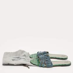 Gina Green Croc Embossed Patent Leather Crystal Embellished Loren Flat Slide Sandals Size 39