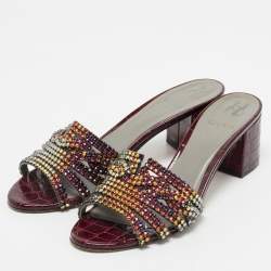 Gina Burgundy Croc Embossed Patent Leather Crystal Embellished Visage Slide Sandals Size 40