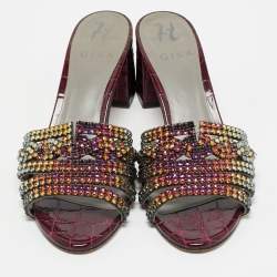 Gina Burgundy Croc Embossed Patent Leather Crystal Embellished Visage Slide Sandals Size 40