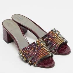 Gina Burgundy Croc Embossed Patent Leather Crystal Embellished Visage Slide Sandals Size 40