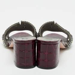 Gina Burgundy Croc Embossed Patent Leather Crystal Embellished Visage Slide Sandals Size 40