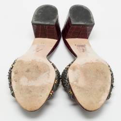 Gina Burgundy Croc Embossed Patent Leather Crystal Embellished Visage Slide Sandals Size 40