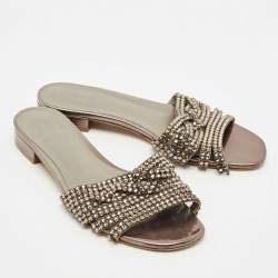 مملوكة مسبقًا Gina Metallic Leather Crystal Embellished Loren Flat Slide Size 39.5