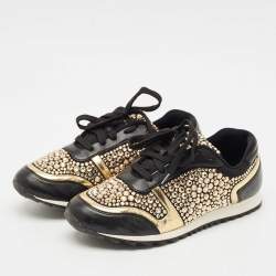 Pre Owned Gina Black Leather/Satin Luminosa Swarovski Sneakers Size 38